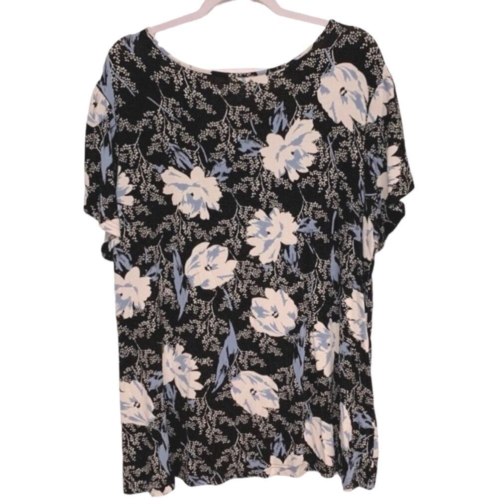 Cathy Floral V-Neck Short Sleeve Top 2X Black Blue Stretchy Lightweight Tee - Picture 3 of 6